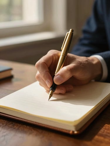 Close-up of hands writing with a gold fountain pen in a leather notebook on a dark oak desk, warm afternoon daylight, shallow depth of field, 35mm