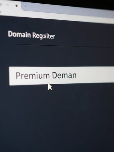 Extreme close-up of a domain registrar search interface on a dark monitor, single premium domain string centered in a stark input field, cool studio light, tight crop showing only the screen and the glowing text cursor