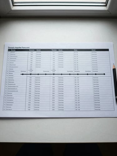 Overhead flat-lay of a domain acquisition timeline spreadsheet on a light desk, columns of domain names and acquisition dates visible, a single mechanical pencil resting at the edge, cool daylight from a window at the top, tight crop with no human subject