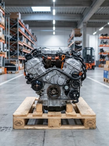 Clean, organized warehouse interior, a pristine used engine on a pallet in the foreground, sharp industrial lighting, cool metallic tones with high-contrast orange accents, 50mm lens, centered