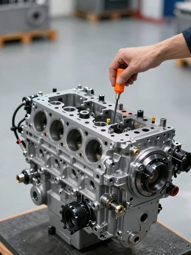 Technician performing a diagnostic test on a clean engine block, focus on the testing equipment and engine details, crisp industrial photography, clean warehouse lighting, high-contrast, cool metallic tones, 50mm lens, engine on a pallet, off-center framing.