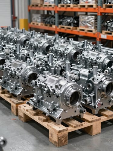 Wide shot of a clean, organized warehouse interior, with rows of heavy auto components on pallets, under bright industrial lighting. Focus on scale and order. Cool metallic tones with subtle orange accents.