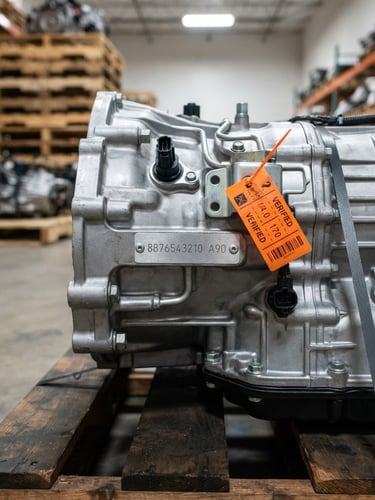 Close-up of a clean, mileage-verified OEM automatic transmission on a pallet in a well-lit warehouse, cool metallic tones, high-contrast orange accents, 50mm lens, focus on part number stamp.
