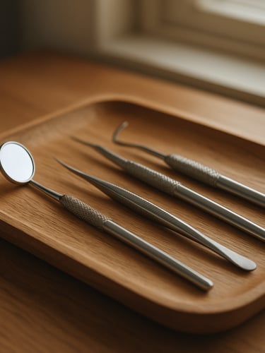 Close-up of modern dental instruments resting on an oak tray, soft morning light filtering through a window, warm tones