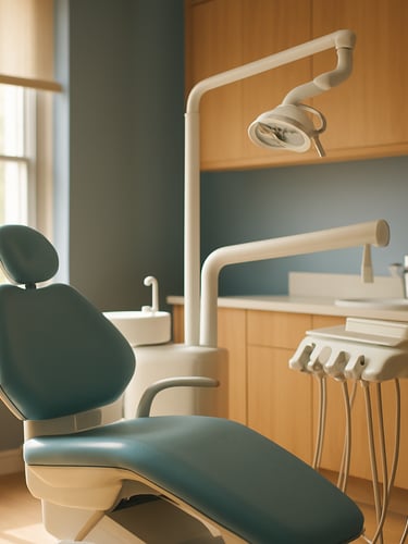 A sunlit, modern dental treatment room with warm oak wood accents, soft natural window light, and clean minimalist design, 35mm editorial photography, shallow depth of field