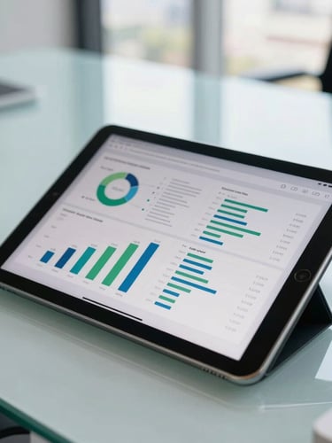 Close-up of a modern tablet displaying structured sales charts and digital documents on a clean glass desk in a bright São Paulo corporate office, natural daylight, professional navy and green tones, shallow depth of field