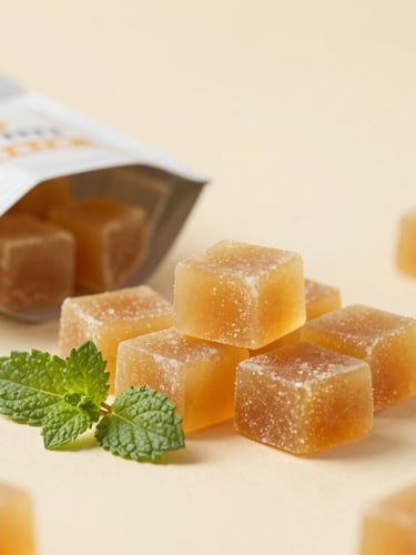 Close-up macro shot of translucent jaggery candy cubes with modern packaging, beside a block of raw golden jaggery and fresh mint leaves, soft studio lighting, warm cream and golden tones, clean geometric composition, macro depth of field.