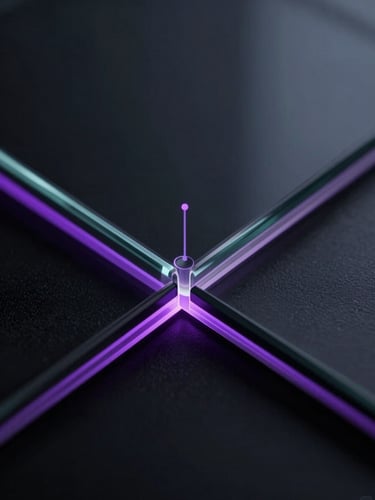 Macro close-up of a dark glass interface with thin glowing violet edge-lines, showing structured data nodes routing information cleanly, low-key moody studio lighting.