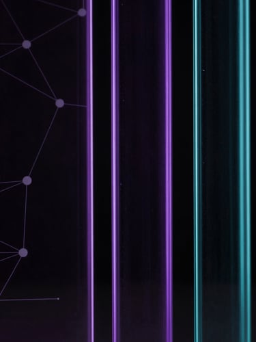 Macro close-up of dark glass panels with precise violet and cyan edge-glows highlighting structural lines, minimal abstract network nodes in the background, low-key moody studio lighting.