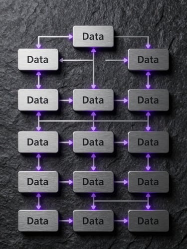 Symmetrical system diagram of data flows, clean vector lines on a dark slate background, subtle purple glow highlighting connection points, macro texture of brushed metal.