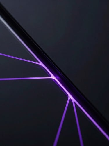 Macro close-up of a dark glass interface with thin glowing violet lines tracing a network path, low-key studio lighting, high precision.