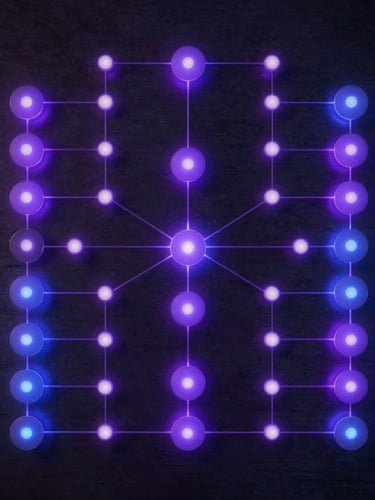 Symmetrical wide diagram of structured information flows, glowing nodes on a dark brushed metal texture, violet and blue ambient lighting.
