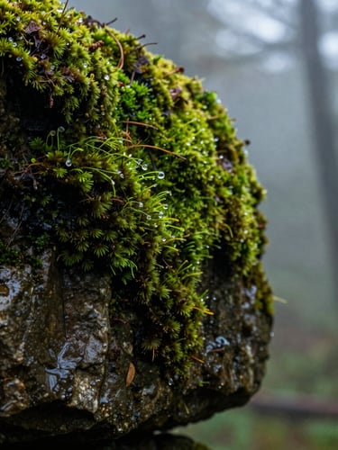 Extreme close-up of wet, dark moss growing on an ancient stone in a misty forest canopy, overcast soft light, macro details of water droplets, deep green tones.