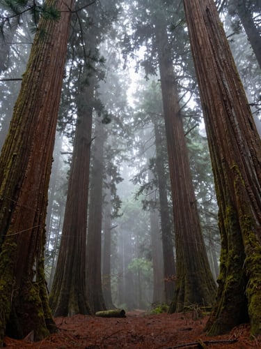 Misty ancient redwood forest canopy, towering moss-covered trunks disappearing into thick morning fog, damp spruce needles on the forest floor, low-light, atmospheric, wide-angle crop.