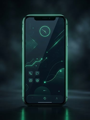 Sleek digital product photography of a modern smartphone mockup on a dark studio background, vibrant neon green edge lighting reflecting on glass, showing a clean minimal interface with sharp typography, 50mm focus.