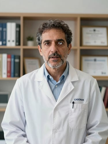 Medium shot of Dr. Andújar speaking directly to camera in a clean clinical office setting, ring light visible in the eye reflection, professional but approachable, daylight-balanced background showing organized bookshelves and medical diplomas slightly out of focus