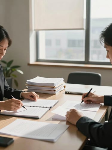 Wide environmental shot of a tidy accounting office interior in natural window light — two professionals seated at a conference table reviewing printed documents spread across the surface, hands visible mid-gesture, open ledger binders stacked to one side, neutral daylight casting soft shadows, no faces prominent, framed from desk level