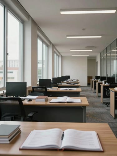 Wide interior shot of a professional office corridor in Goiás, neutral daylight from tall windows casting even light across desks with open ledgers and document folders, clean architectural lines, no people, organized workspace architecture