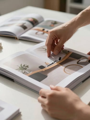 Close-up of a clean workspace with natural diffused daylight, hands arranging high-end design catalogs, soft shadows, editorial composition