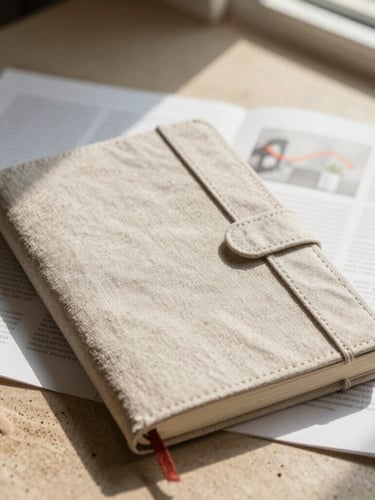 A close-up portrait of a high-end textured linen journal and editorial layout sheets being styled on a warm sand surface under soft, diffused natural window light.