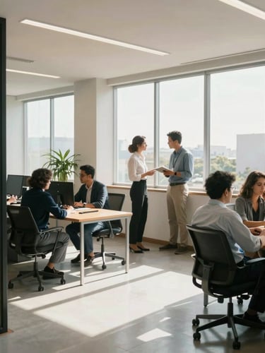 Environmental shot of a bright, modern Brazilian corporate office with natural daylight streaming through large windows, professionals collaborating in the background with a clean, high-trust aesthetic.