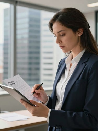 Environmental medium close shot, bright natural daylight, a modern corporate office in São Paulo, an HR manager reviewing plan comparison documents on a tablet, clean professional aesthetic.