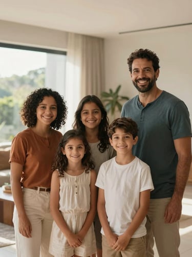 Environmental portrait of a Brazilian family in a modern, sunlit living room, soft natural morning light, authentic smiles, clean architectural lines, high-end editorial feel.