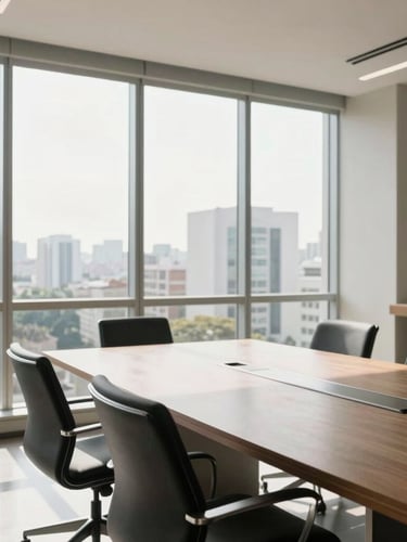 Environmental shot of a modern, bright meeting room in São Paulo, natural high-key daylight streaming through large windows, clean glass surfaces, negative space on the left.