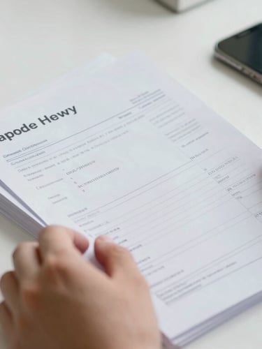 Close-up of hands organizing paper invoices and receipts on a clean blueprint-patterned desk next to a smartphone, natural bright daylight.