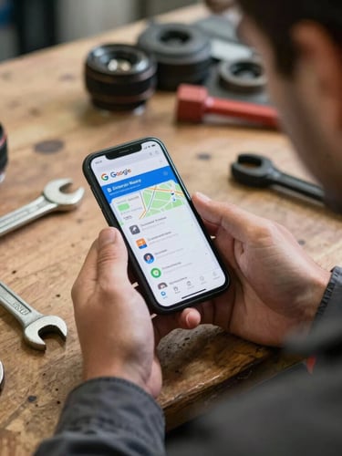 Over-the-shoulder shot of a mechanic in a daylight-flooded garage, holding a smartphone showing a verified Google Maps business profile next to physical wrench tools on a wooden workbench.