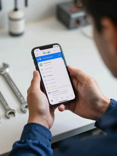 Over-the-shoulder daylight shot of a local mechanic in a bright, clean workshop using a smartphone displaying a verified Google Maps listing next to physical wrenches.