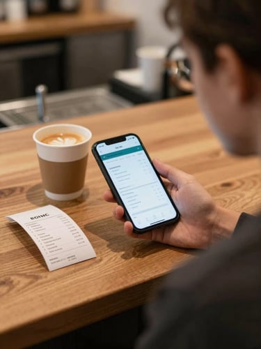 Over-the-shoulder shot of a café owner at a wooden counter, holding a smartphone displaying a clean financial app next to a coffee cup and a small stack of paper receipts, daylight-flooded.