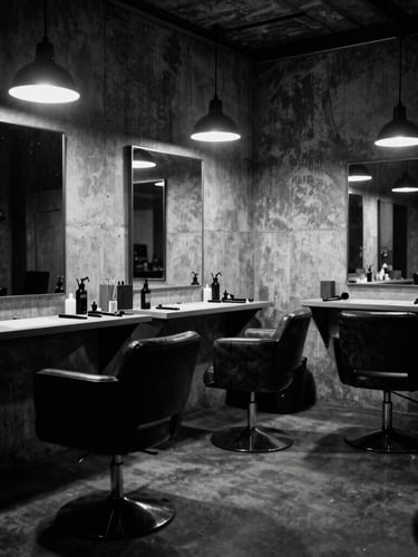 Moody environmental shot of the raw industrial-chic tattoo studio interior in Palamós, concrete walls, leather chairs under warm directional lamps, dark shadows, black and white photography