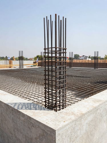 Sharp architectural photography of a modern concrete foundation under construction in Bareilly, steel rebar reinforcement grids visible, bright midday Uttar Pradesh sun.