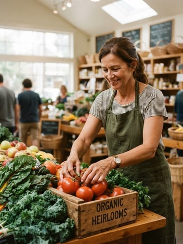 A focused local business owner arranging fresh produce in a bright, naturally lit neighborhood market, warm 35mm editorial photography.