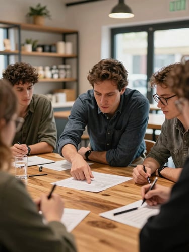 A collaborative workshop inside a modern local bakery, a mentor pointing to a business plan on a wooden table, warm natural daylight, 35mm.