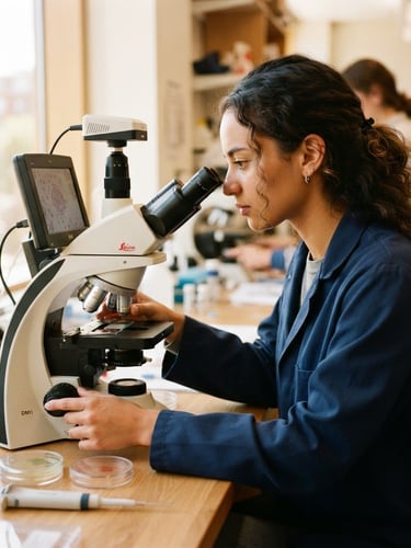 Close-up of a female student adjusting a digital microscope in a bright, modern science lab, warm natural window light, 35mm photography