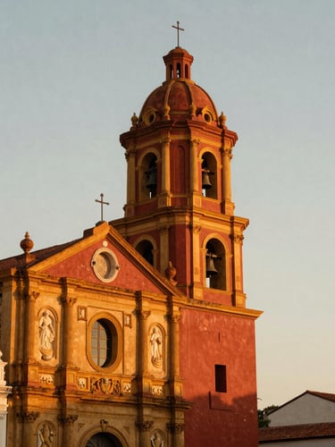 Atmospheric street view of Binondo Church bell tower at golden hour, warm editorial photography, soft light, shallow depth of field