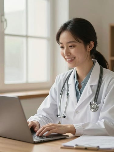 A compassionate doctor in a warm, sage-toned office, speaking warmly on a video call, soft natural window light, reassuring and professional clinical editorial photography.