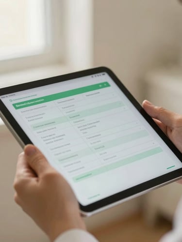 Close-up of hands holding a tablet displaying a clear medical chart with soft green accents, warm natural light, shallow depth of field, professional clinical setting