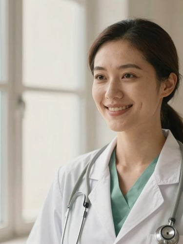 A medium close-up of a compassionate female radiologist smiling warmly in front of a soft window-lit background, wearing a simple stethoscope, sage and cream tones, professional editorial photography.
