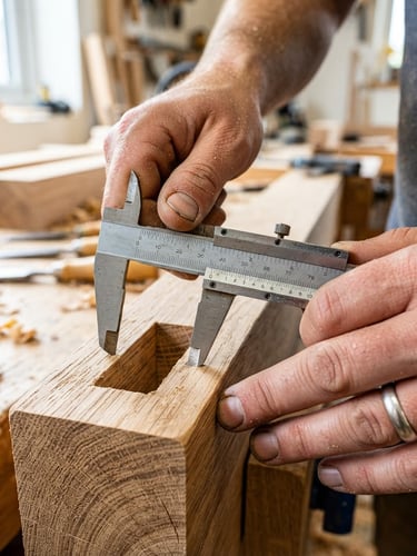 Macro close-up of hands holding steel calipers measuring a freshly cut mortise joint in oak timber, bright natural light, crisp focus