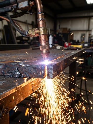 Macro close-up of sparks flying from a plasma cutter slicing through a thick steel plate, high-contrast industrial workshop lighting, sharp focus on the cutting tip, 35mm lens.