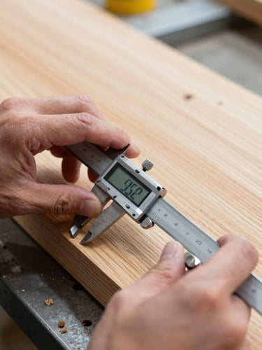 Close-up of hands holding digital calipers measuring a precise joint on a raw oak timber slab, bright workshop natural light, 35mm lens