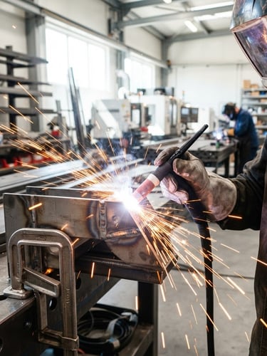 Close-up of bright orange sparks flying from a custom steel welding torch in a bright, modern fabrication workshop, sharp focus, 35mm lens