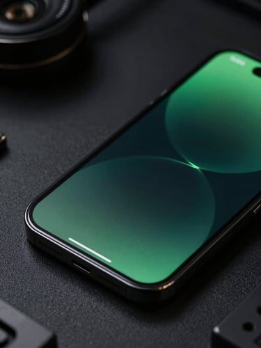 Extreme close-up of a high-fidelity mobile UI mockup glowing on a dark smartphone screen, subtle green rim light reflecting off the glass edge, dark technical studio background.