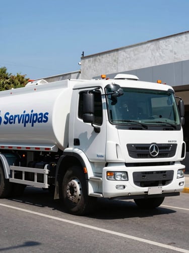 Crisp industrial photography of a clean white water truck with Servipipas branding navigating a modern street in Guadalajara under bright midday sun, high contrast