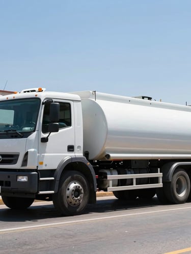 Wide environmental shot of a clean white water truck navigating a modern street in Guadalajara, bright midday sun reflecting off the polished metal tank, 35mm lens
