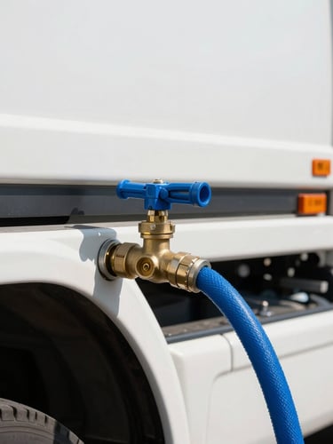 Macro shot of a heavy-duty blue water hose connected to a high-pressure brass valve on a modern white delivery truck, bright midday sun, sharp focus