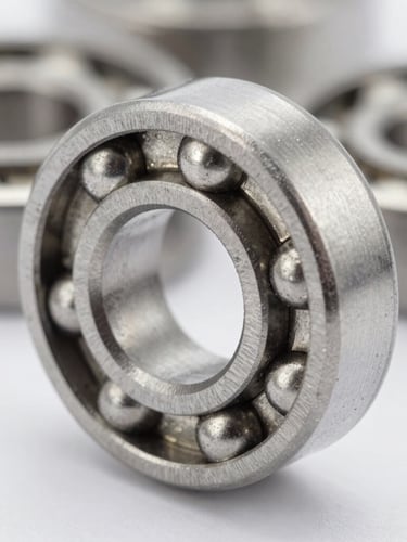 Macro shot of pristine steel ball bearings with sharp metallic reflections and high contrast, clean workshop background